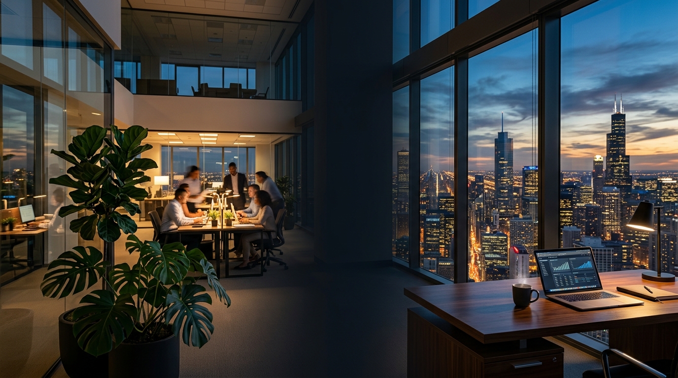 Brandspyre modern enterprise operations office with city skyline